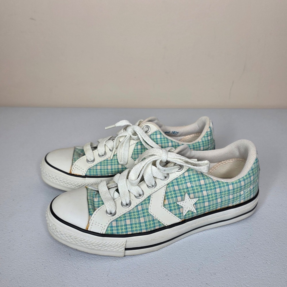 Converse Star Player Women 7 Green White Plaid Gingham Low Top Sneakers 110678F